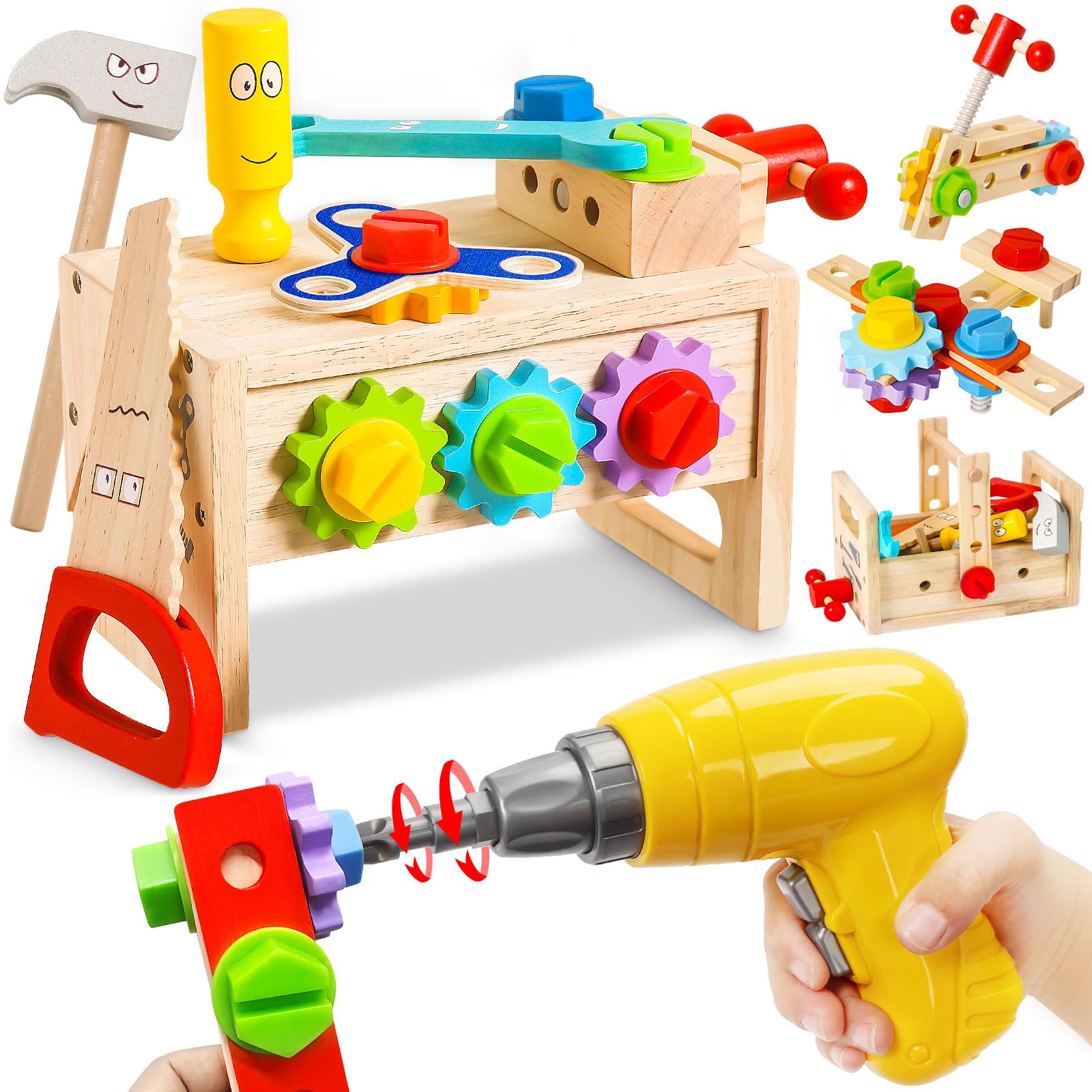 LACCHOUFEE drill tool for kids in a colorful wooden set for pretend construction.