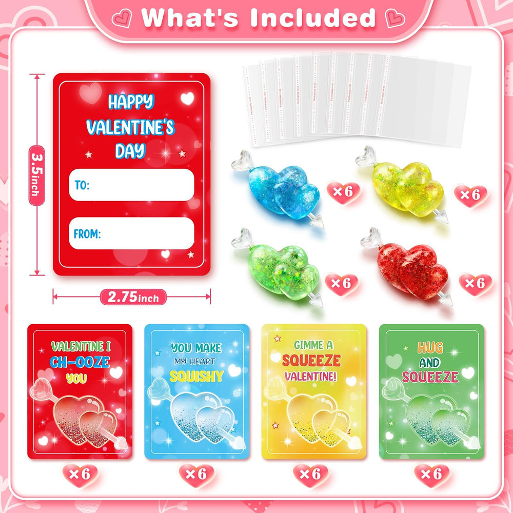 LACCHOUFEE valentines card pink design with a glitter heart stress ball for classroom exchanges.