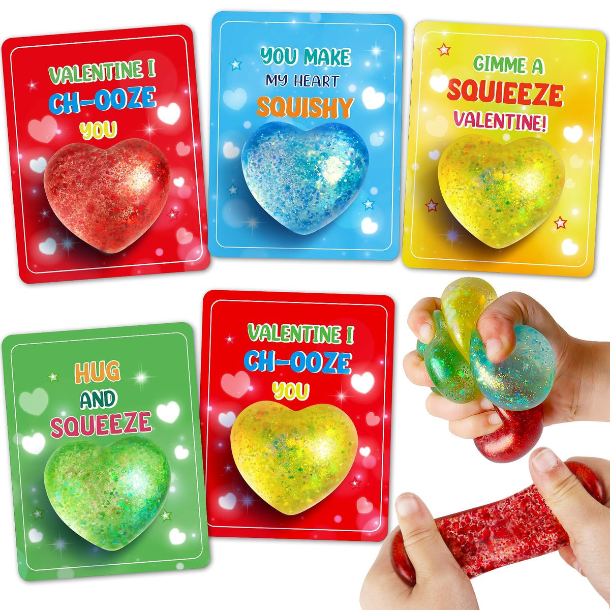 LACCHOUFEE Valentine gem stress ball with heart cards for kids, ideal classroom gift exchange.
