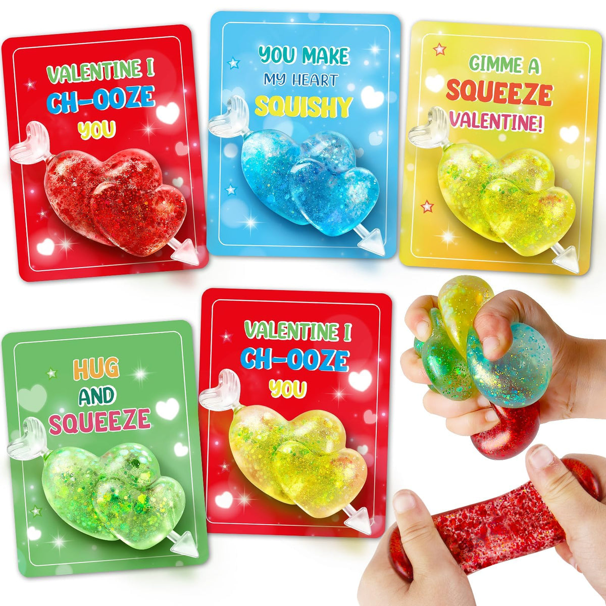 LACCHOUFEE valentines heart stress ball 24-pack in bright colors for classroom gifts.