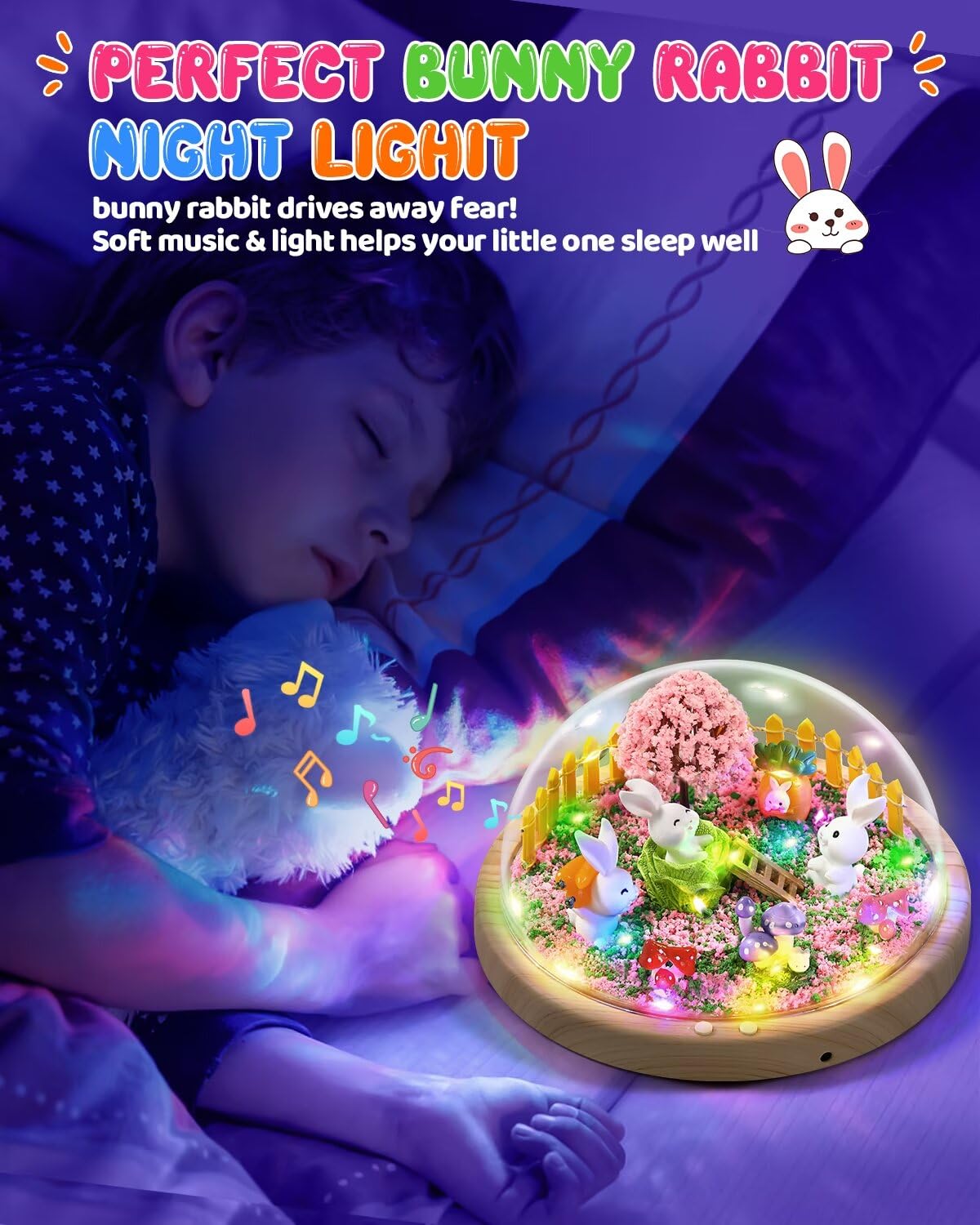 Laclun bunny night light glowing softly in a cozy child's room.
