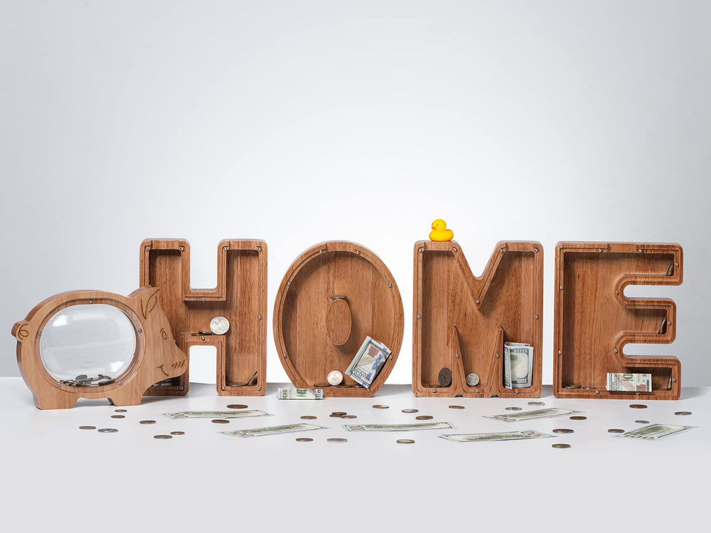 Ladenk wooden letter bank doubles as playful shelf decor.
