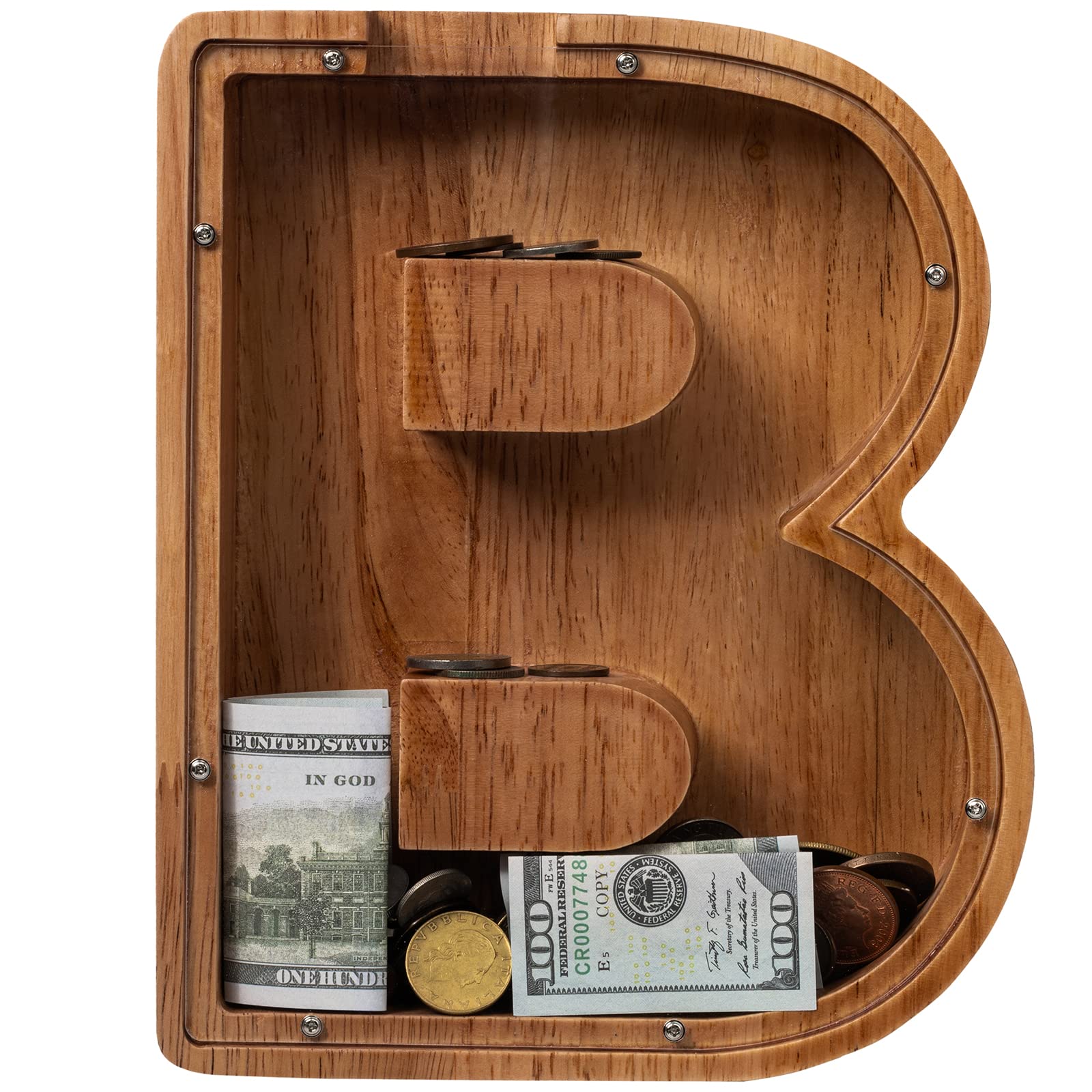 Ladenk piggy bank wooden 9-inch height showcases visible savings progress.