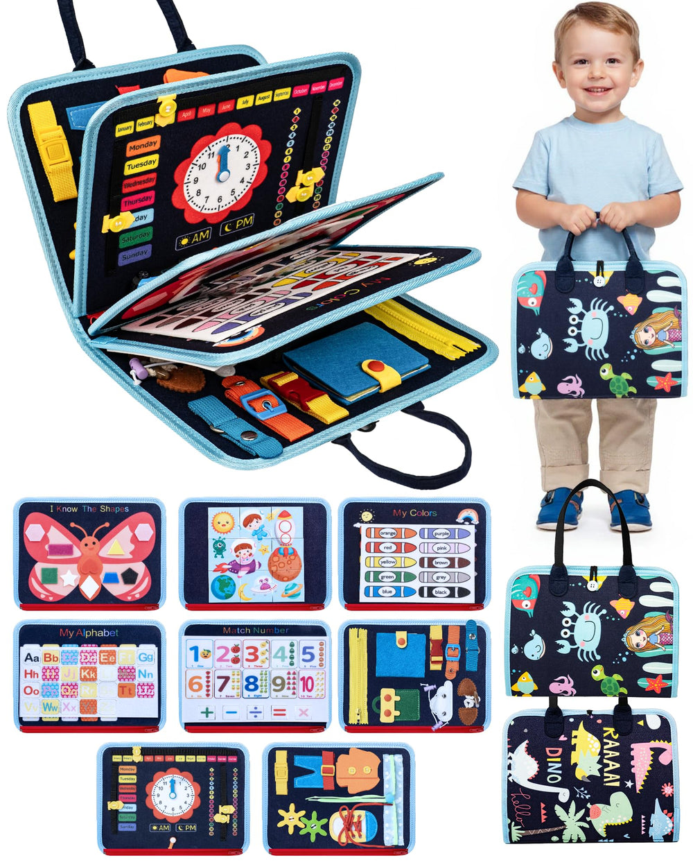 LADFAR Busy Board with 8 pages engages toddlers in hands-on play for fine motor growth.