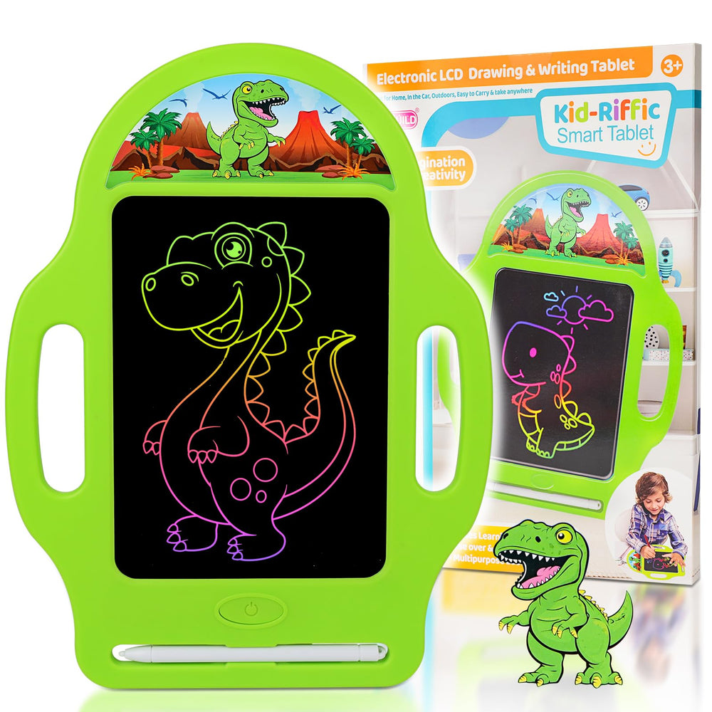 LAEBUILD LCD writing tablet front view with dinosaur design and green screen