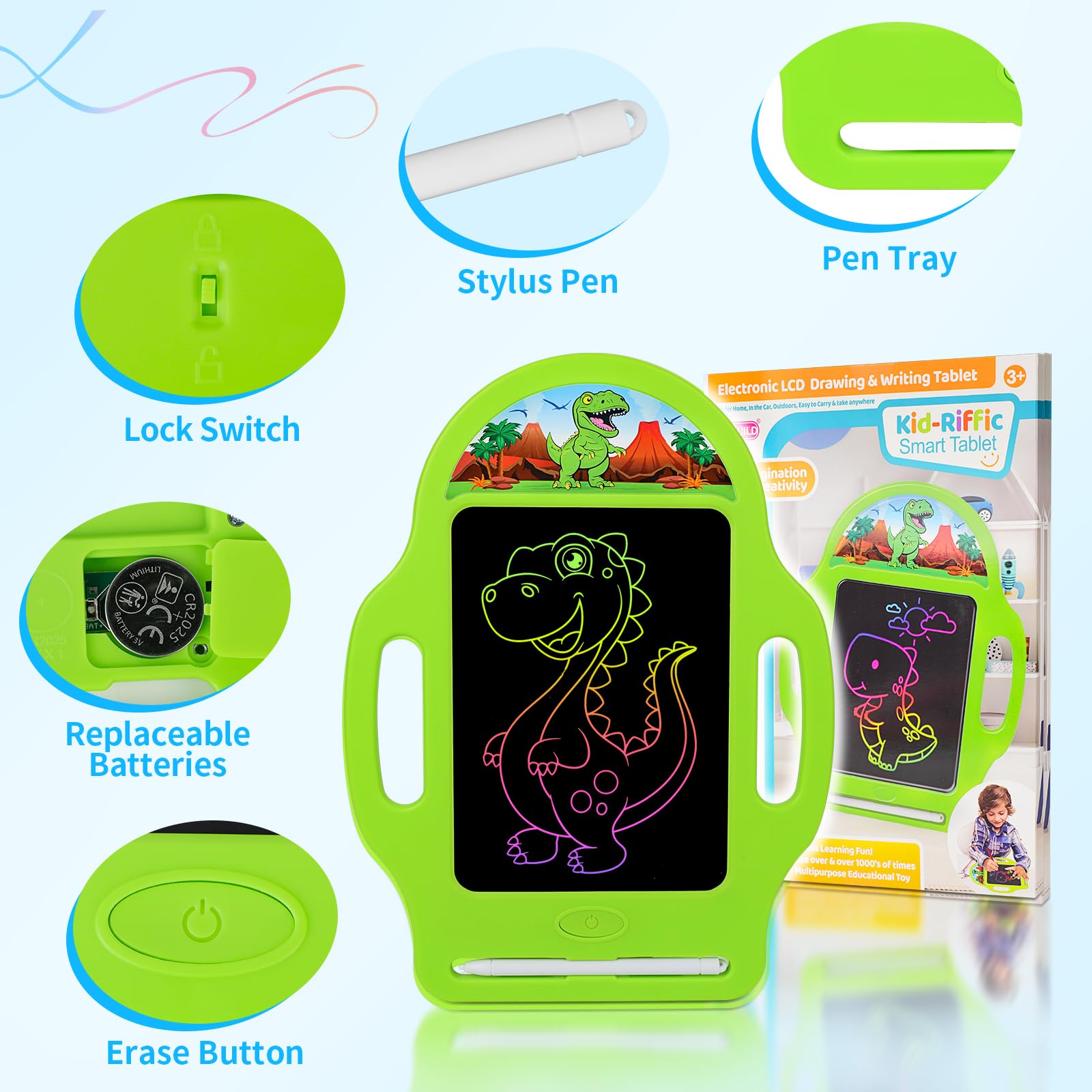 Child drawing on colorful screen during car trip