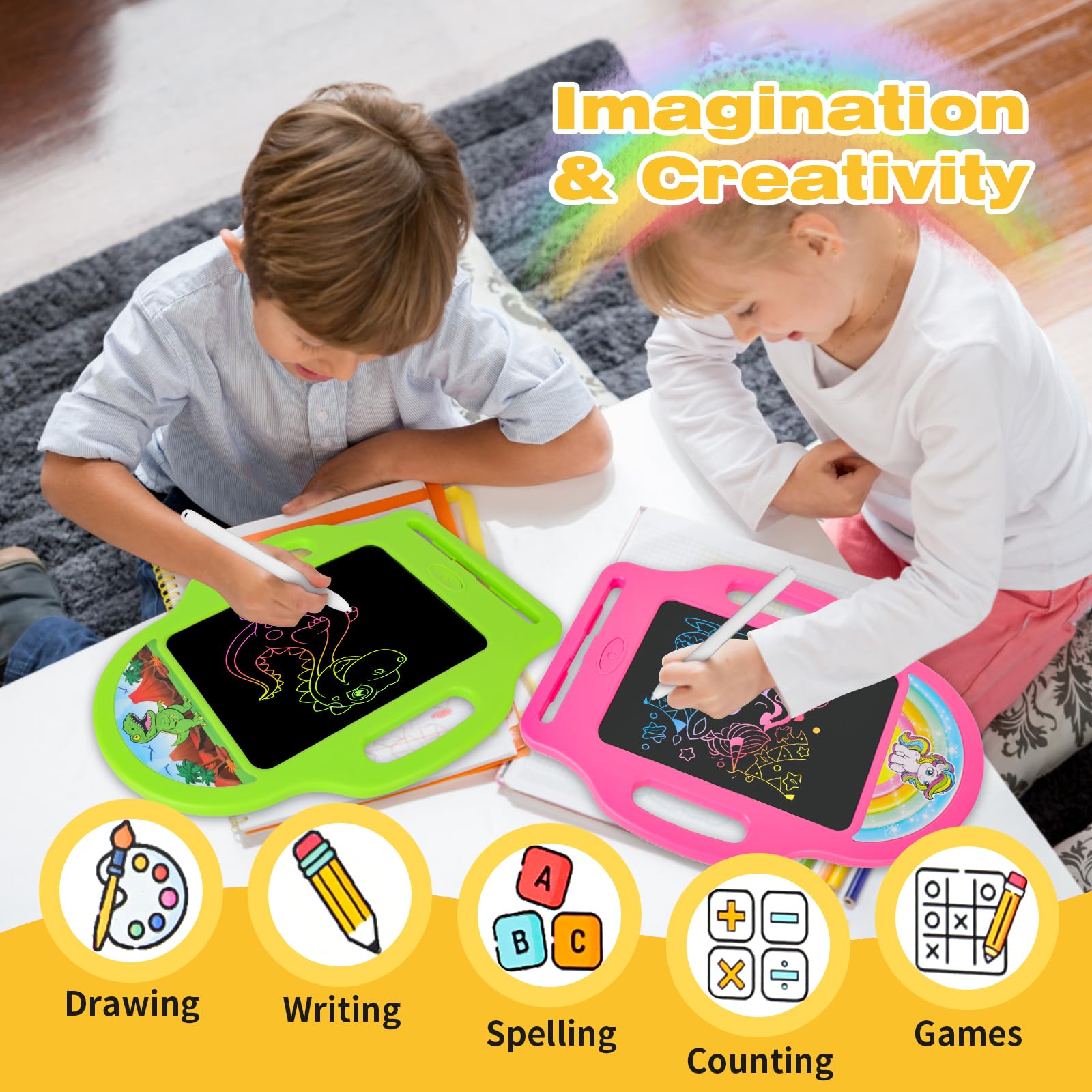 LAEBUILD LCD writing tablet with unicorn-pink doodle surface for imaginative play.