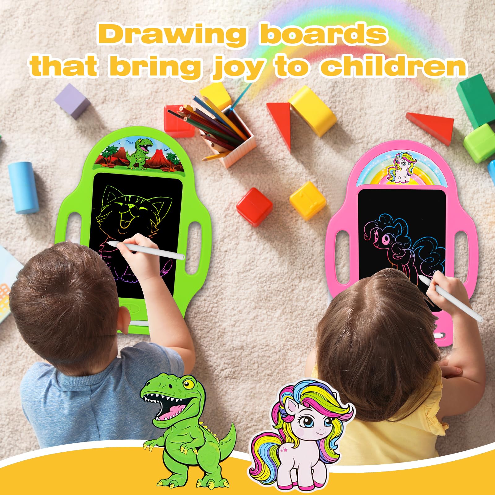 LAEBUILD LCD writing tablet with pink unicorn doodle and stylus included.
