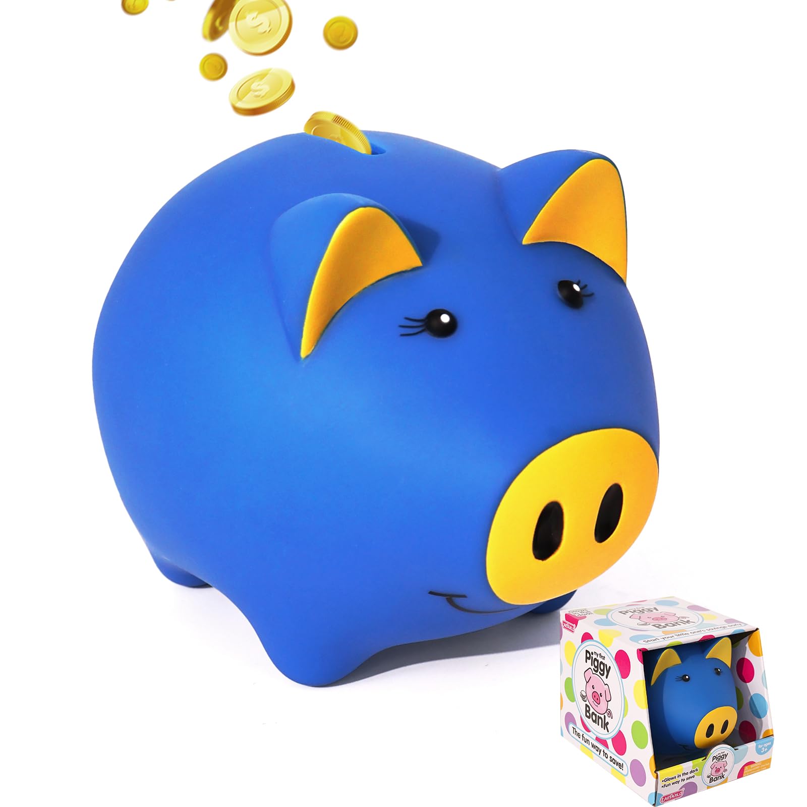Laebuild Magic Piggy Bank in dark blue front view highlights durable savings.