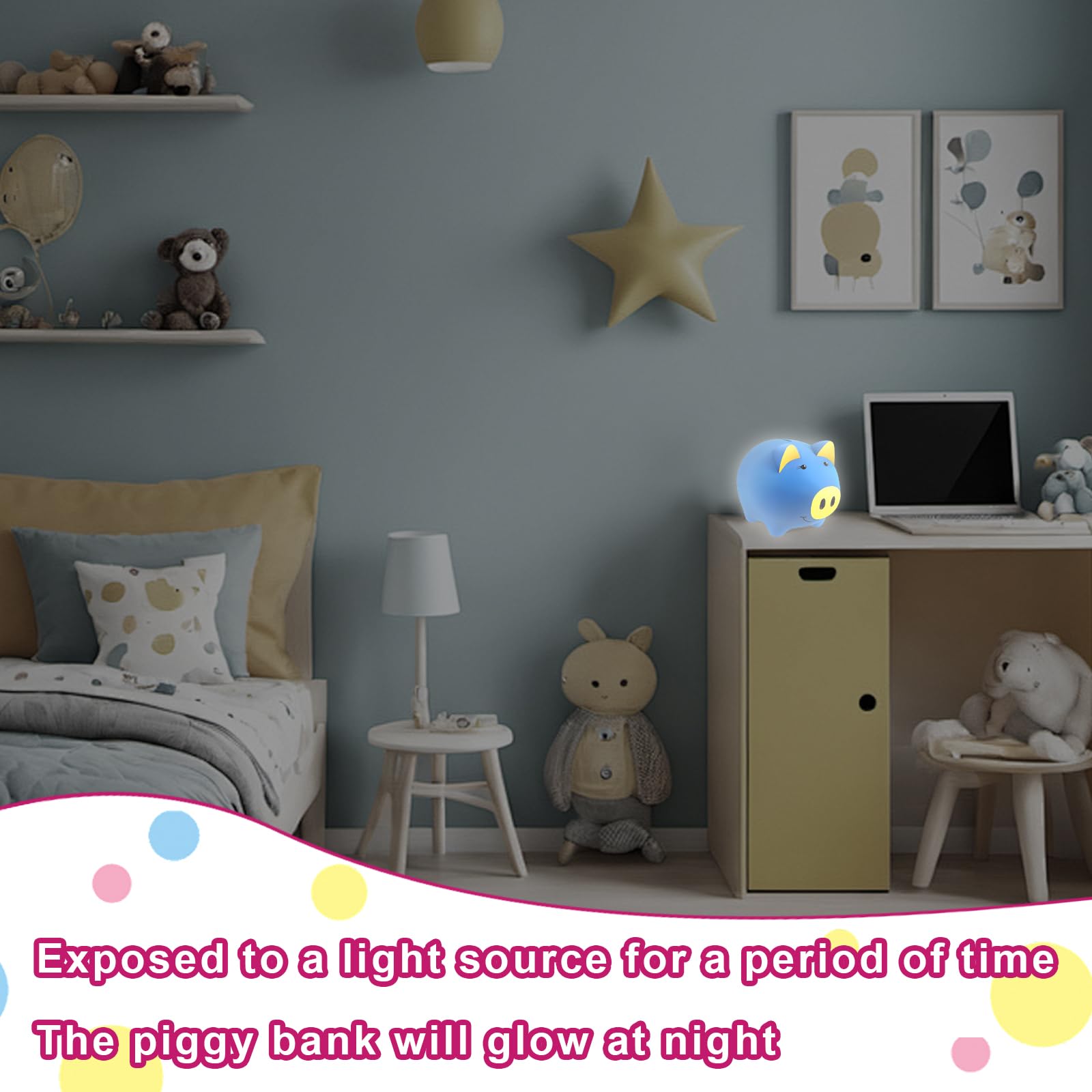 Laebuild Magic Piggy Bank glow detail demonstrates glow-in-the-dark feature for night savings.
