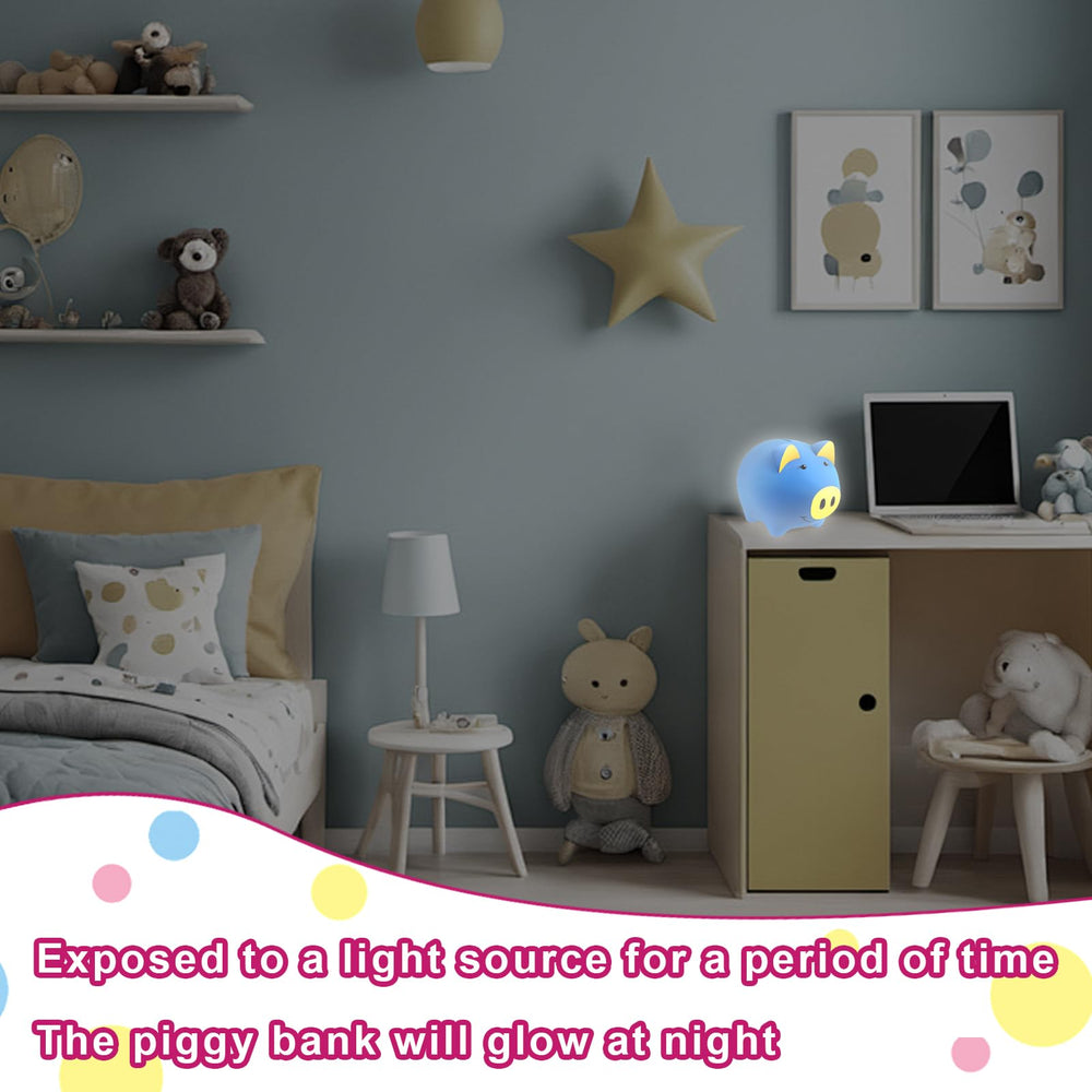Laebuild Magic Piggy Bank glow detail demonstrates glow-in-the-dark feature for night savings.