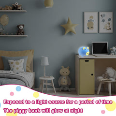 Laebuild Magic Piggy Bank glow detail demonstrates glow-in-the-dark feature for night savings.