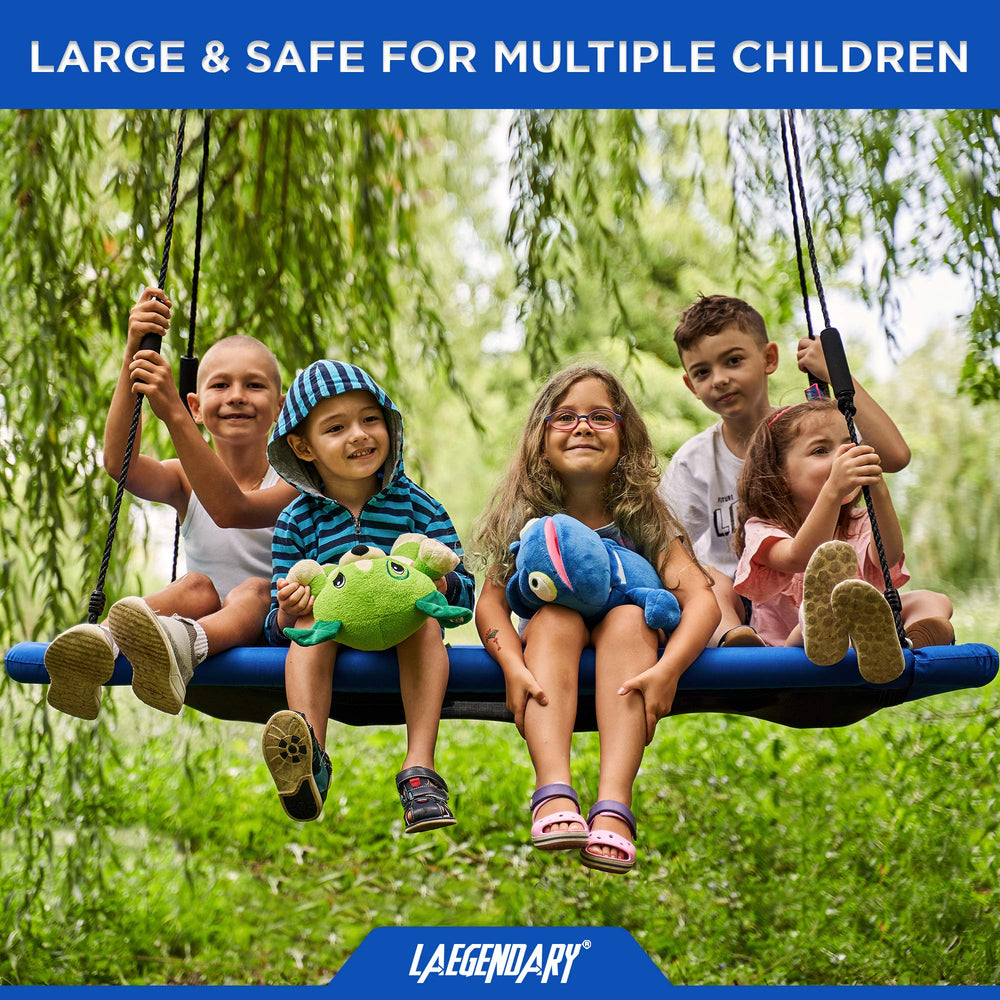 Laegendary saucer swing hanging options attach to tree, porch, or swing set.
