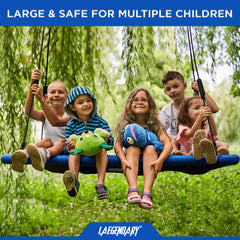Laegendary saucer swing hanging options attach to tree, porch, or swing set.
