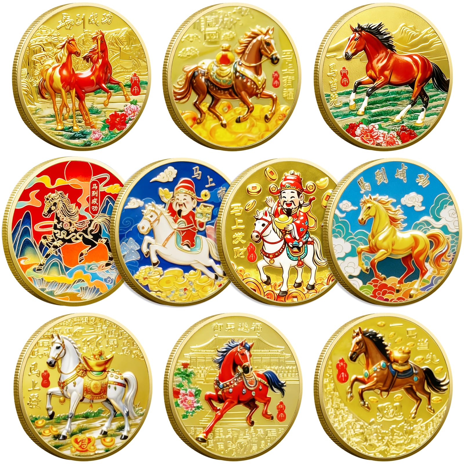 LAIAMER 10-piece horse coin set front view with vibrant finishes for display.