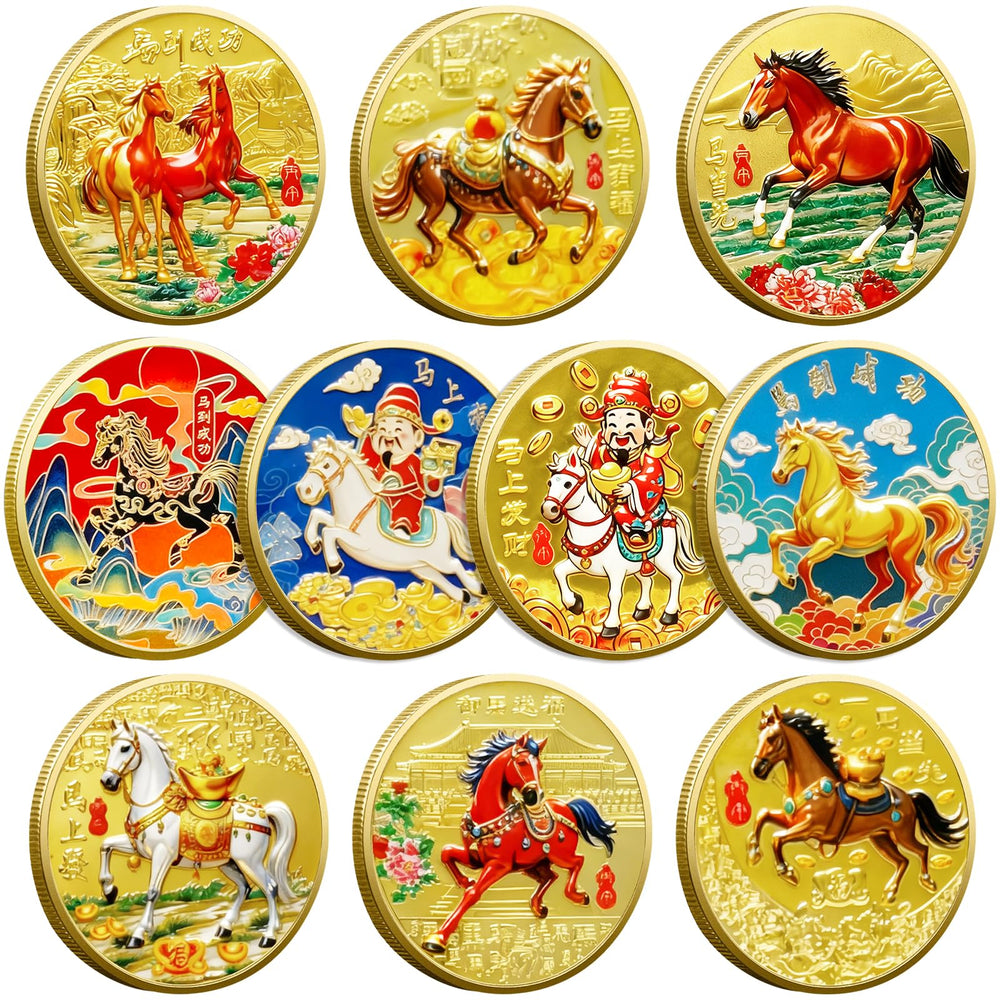 LAIAMER 10-piece horse coin set front view with vibrant finishes for display.