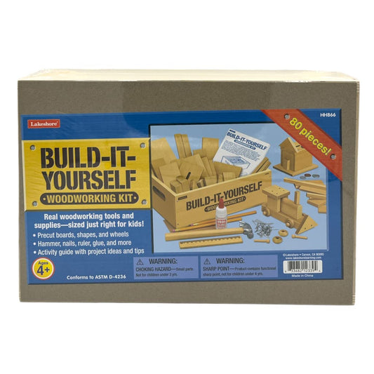 Lakeshore Build-It-Yourself Kit box open with pine pieces for creative projects