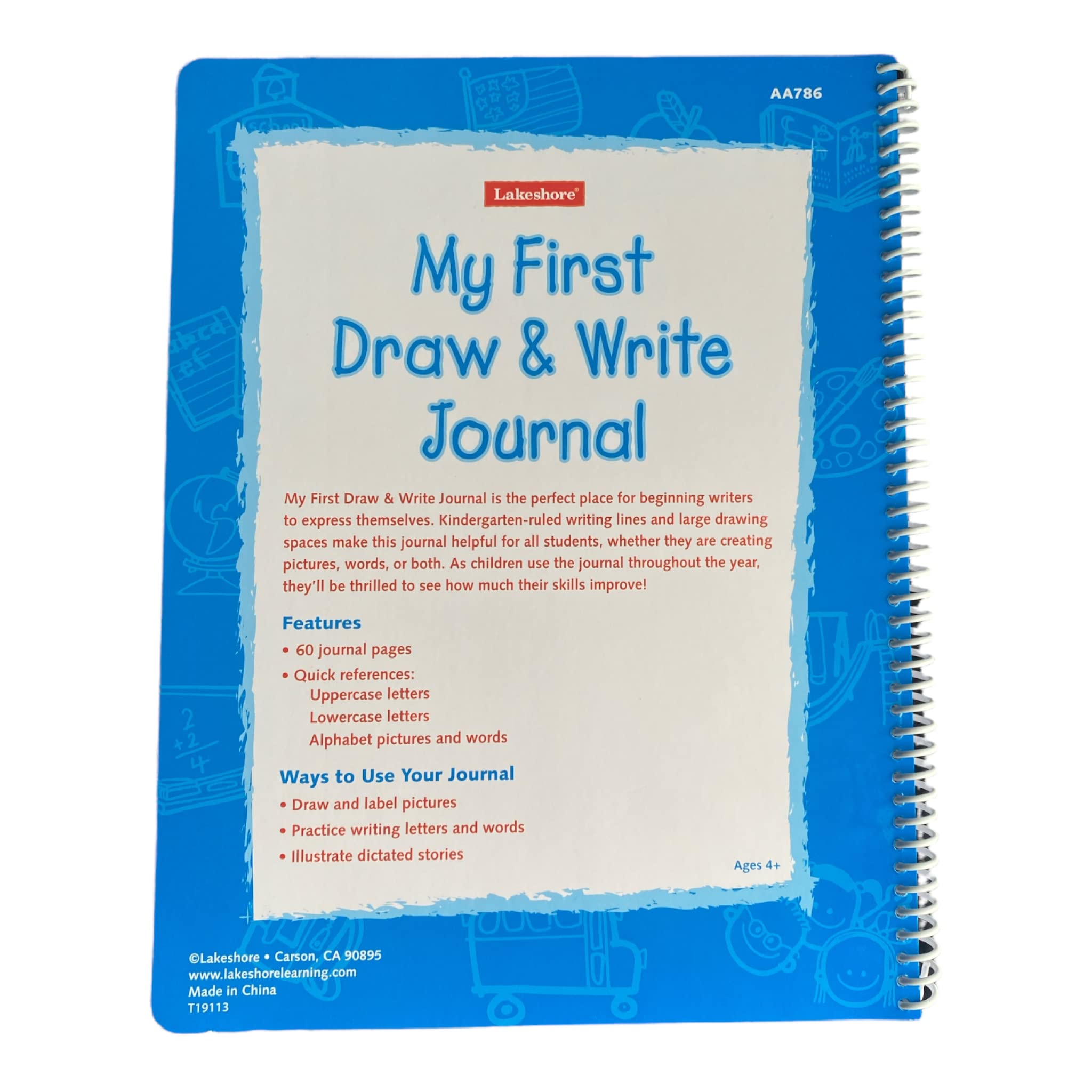 Lakeshore Young Writers Draw & Write Journal sample pages showing drawing and writing prompts for kids