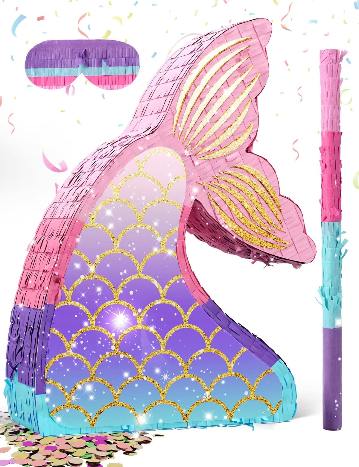 LAKINGO Mermaid Pinata front view for colorful birthday décor and easy filling.