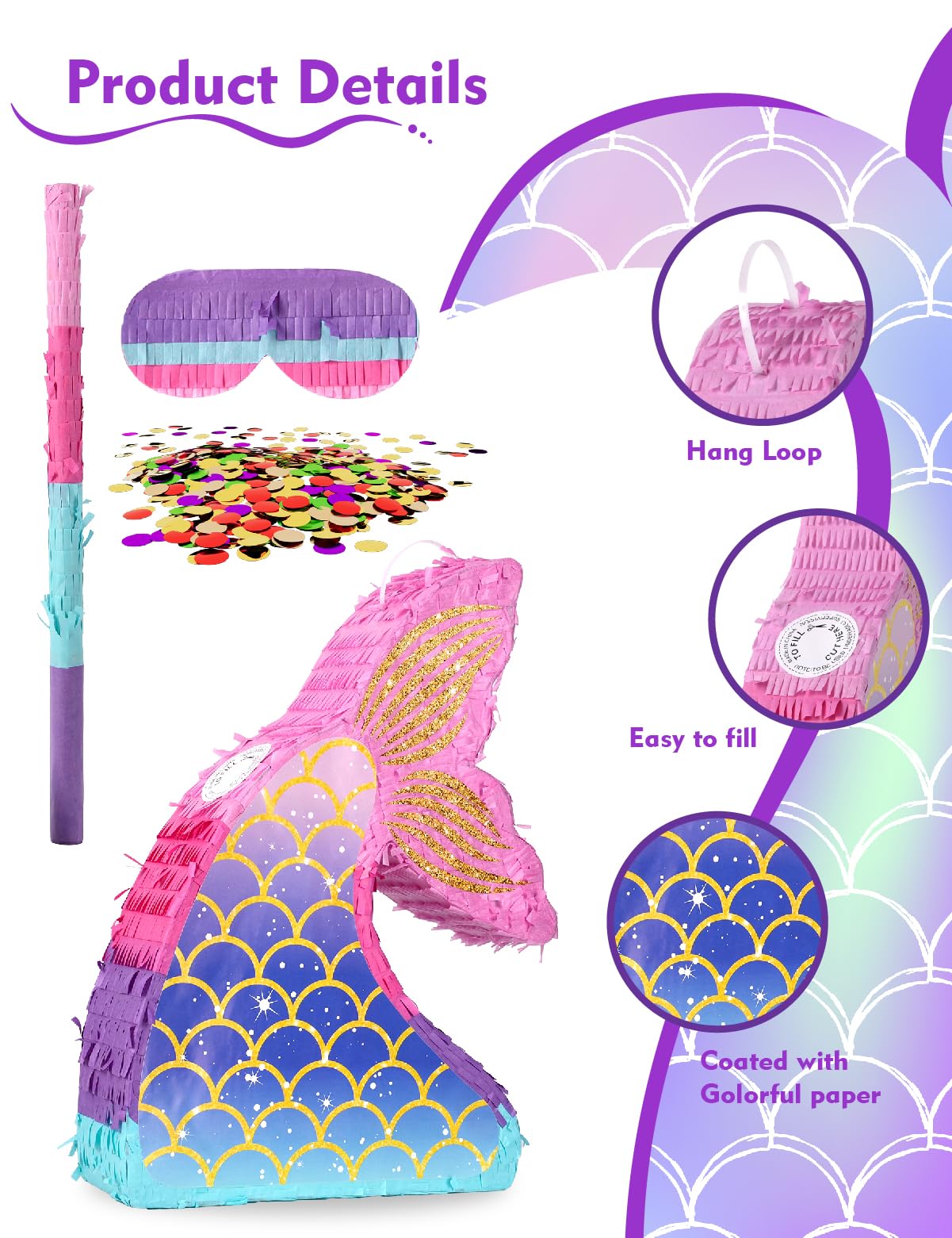 LAKINGO mermaid pinata blindfold included for classic, supervised hit games.