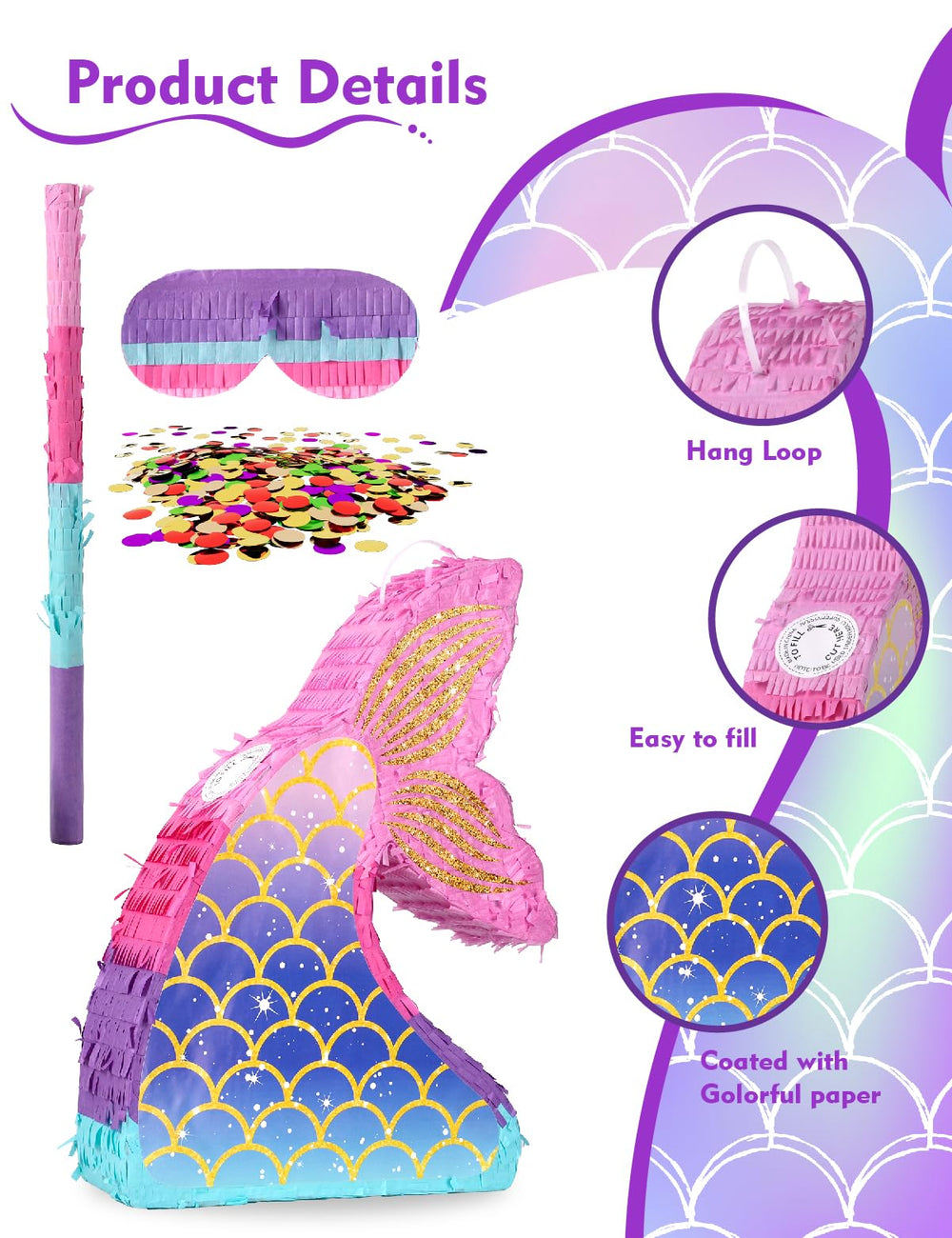 LAKINGO mermaid pinata blindfold included for classic, supervised hit games.