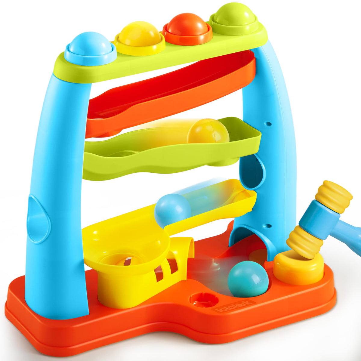 lalalark ball drop toy for toddlers, top view, promotes hand-eye coordination through colorful balls