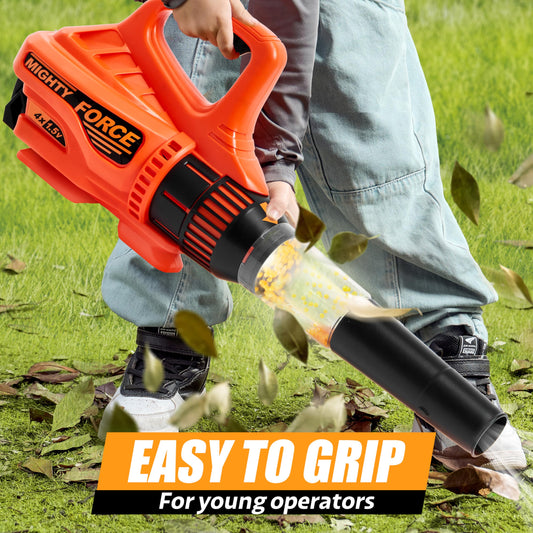 Lalalark Mighty Force leaf blower action with spinning wood shavings for realistic pretend play.