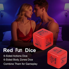 Lalamingo black 10-sided dice closeup, body part prompts for playful exploration.