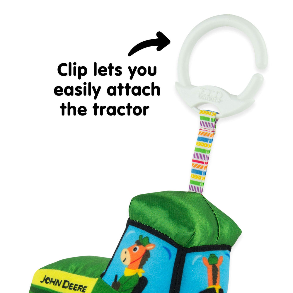 Lamaze bright tractor promotes bonding moments between baby and caregiver.