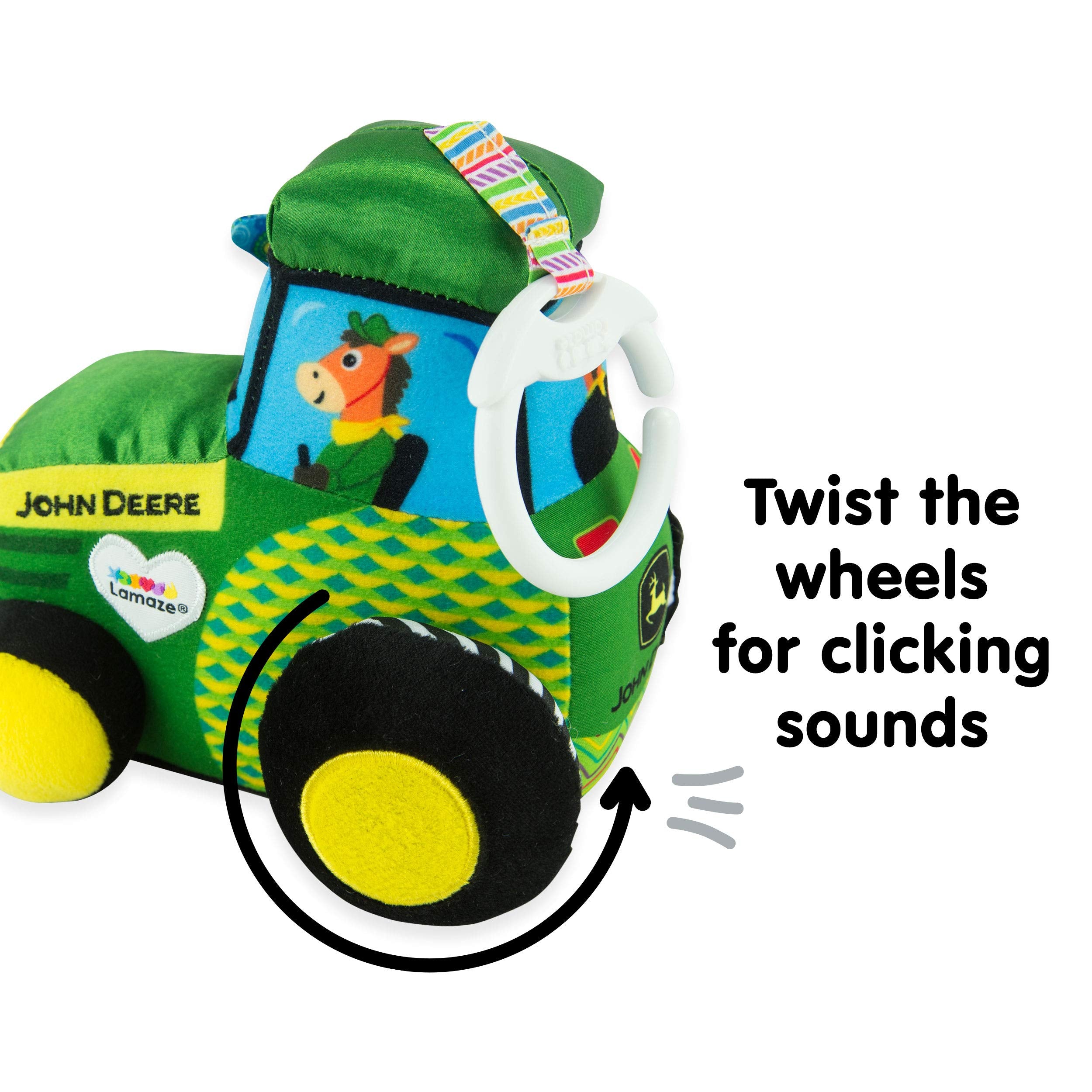 Lamaze baby crinkle tractor offers textured surfaces for sensory exploration during travel.