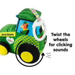 Lamaze baby crinkle tractor offers textured surfaces for sensory exploration during travel.