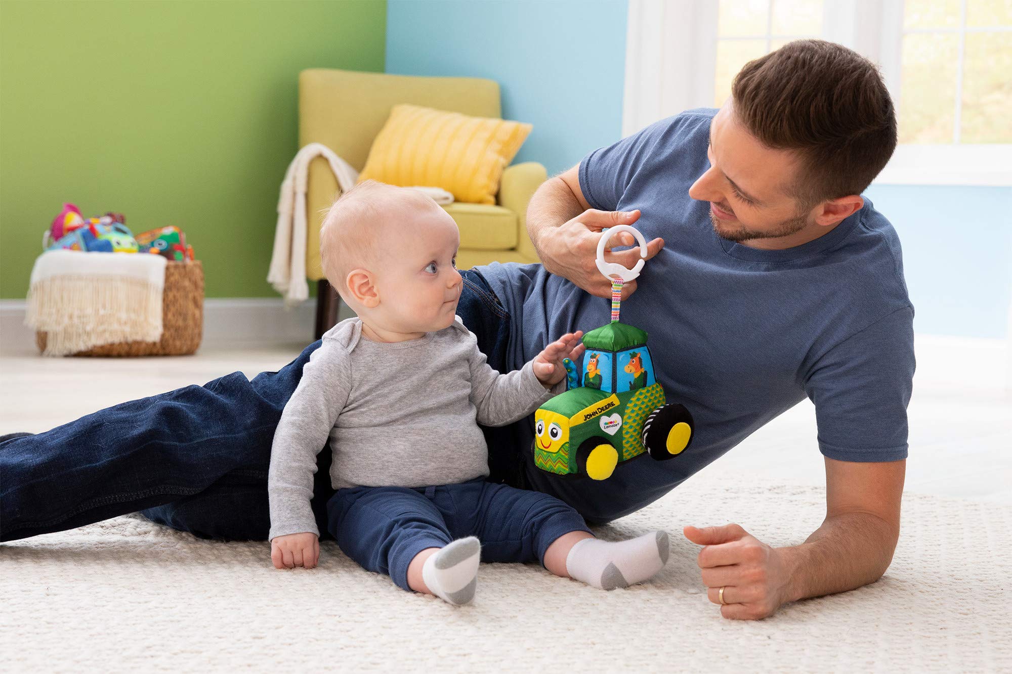 Lamaze tractor toy supports motor skills as babies explore textures and squeeze.