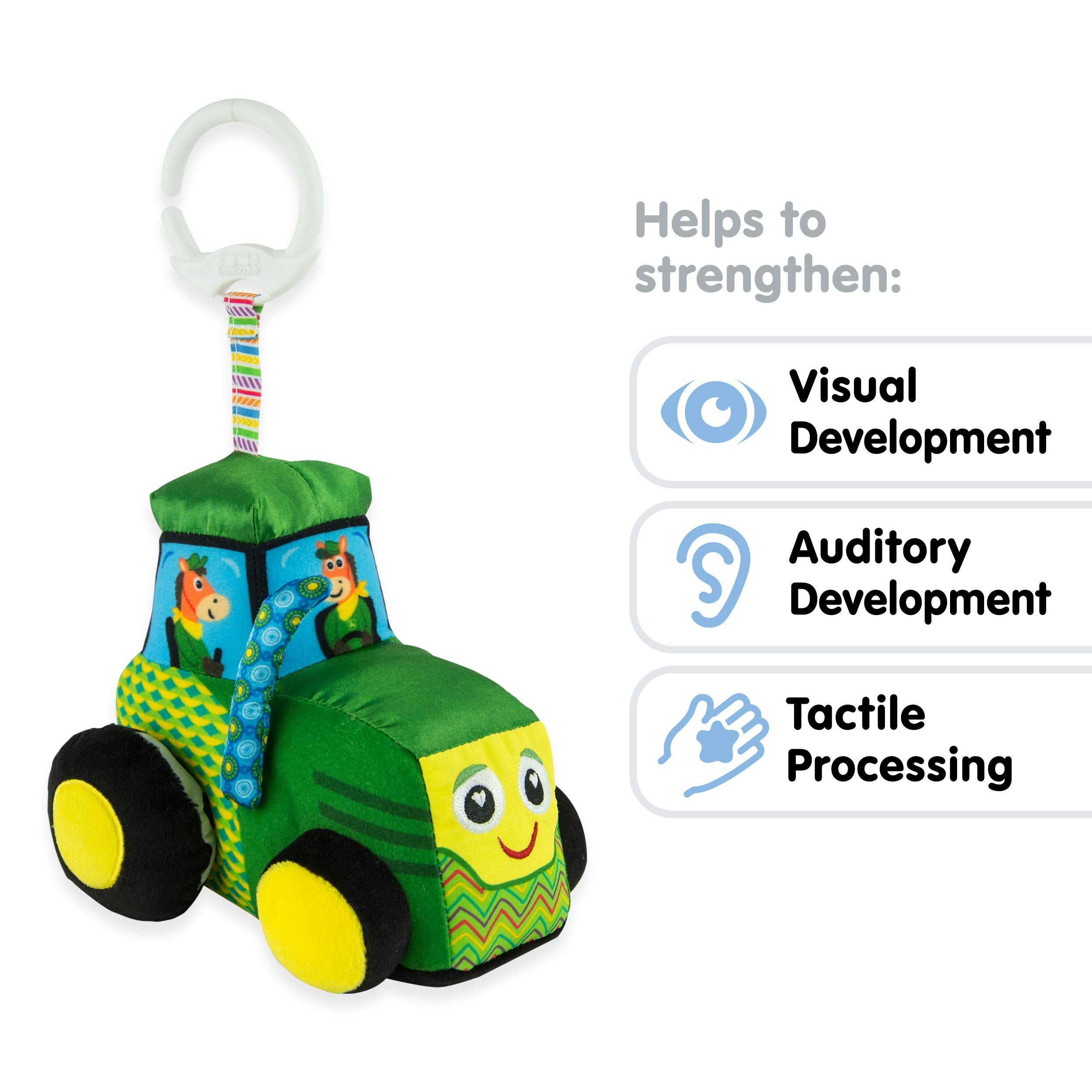 Lamaze clip-on stroller toy shows high-contrast patterns to support visual tracking on the go.