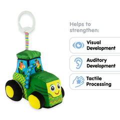 Lamaze clip-on stroller toy shows high-contrast patterns to support visual tracking on the go.