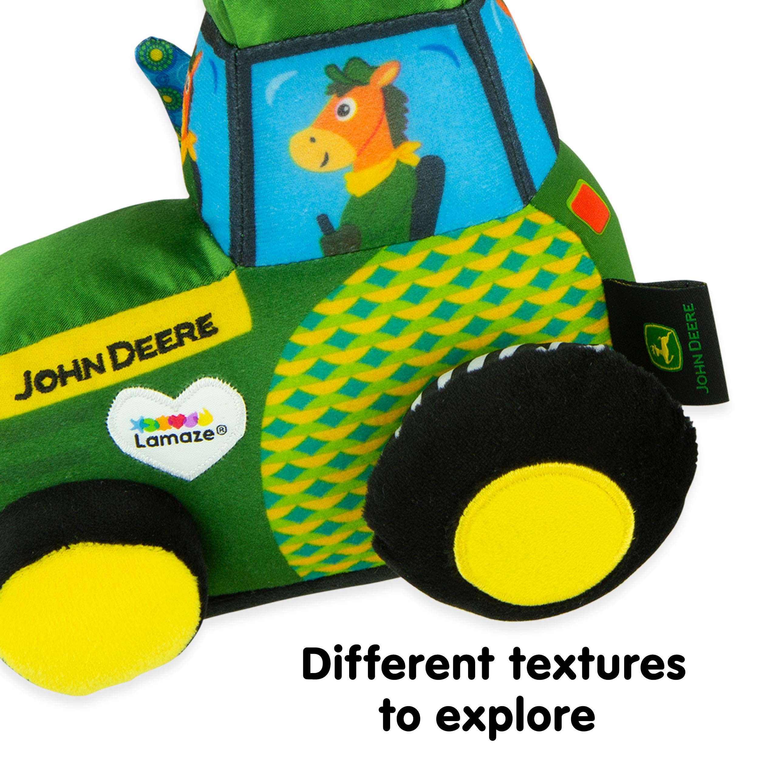 Lamaze tractor toy with a clicking wheel creates engaging sounds for auditory engagement.