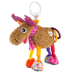 Lamaze Muffin the Moose clip-on toy showcases high-contrast colors for early visual development.