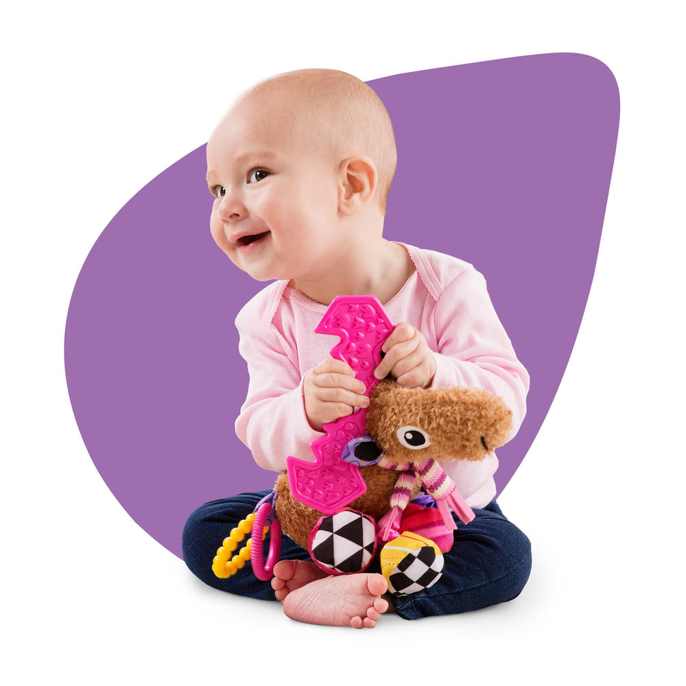 Lamaze Muffin moose colorful legs invite exploration during car or stroller rides.