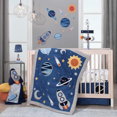 Lambs & Ivy Milky Way rocket ship pillow colorway with orange accents