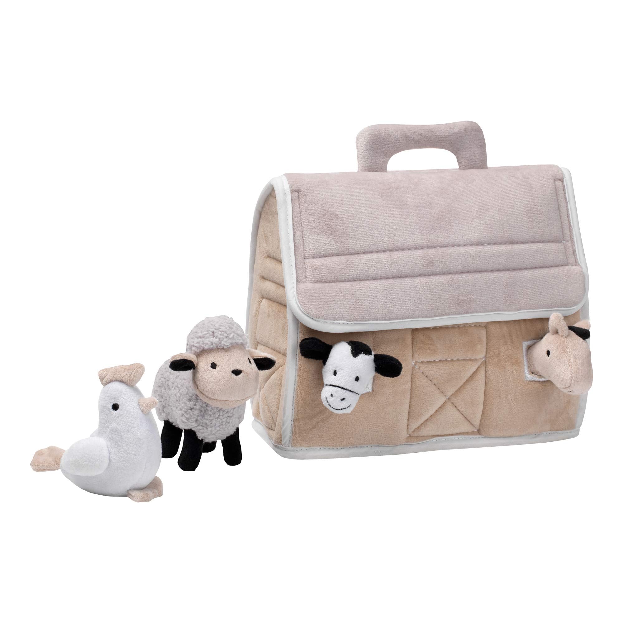 Lambs & Ivy plush barn exterior for imaginative play and easy portability.