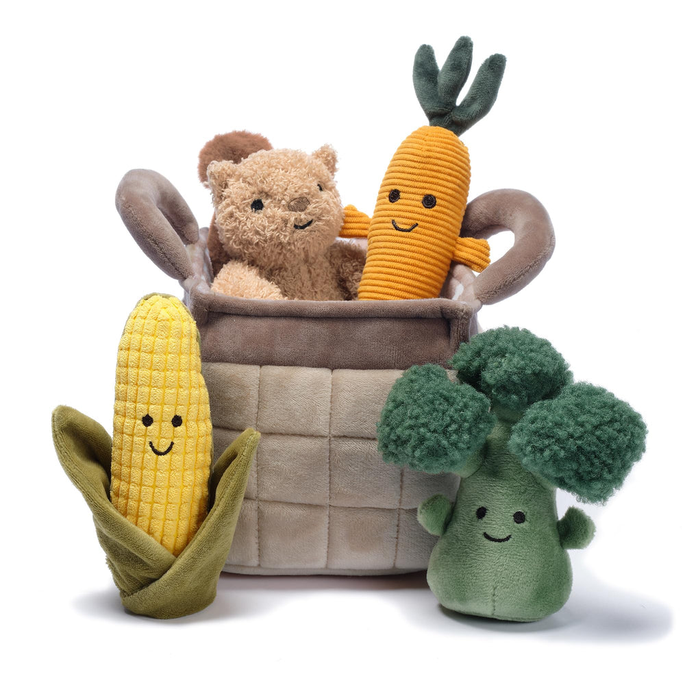 Lambs & Ivy plush veggie basket broccoli toy for imaginative play and soft textures.