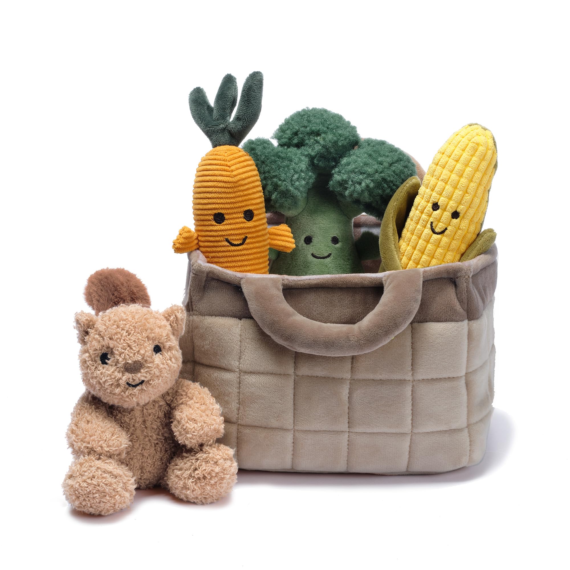 Lambs & Ivy plush veggie basket carrot toy for gentle, interactive pretend meals.
