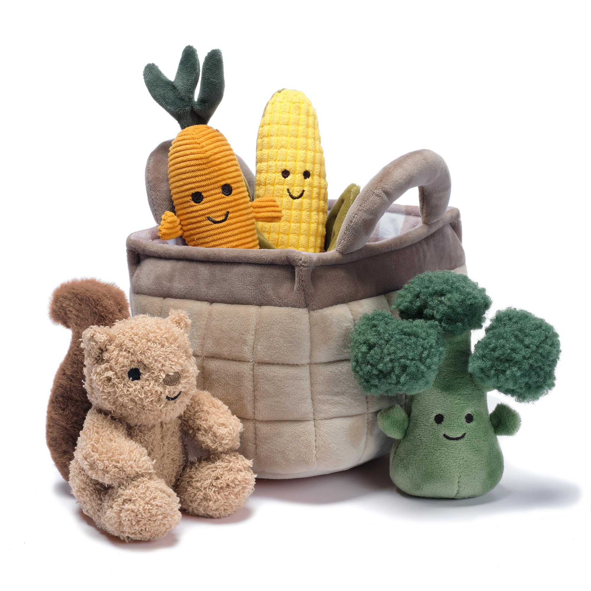 Lambs & Ivy plush veggie basket corn toy with velour and minky fabrics.