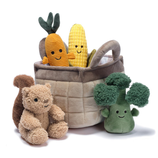 Lambs & Ivy plush veggie basket corn toy with velour and minky fabrics.