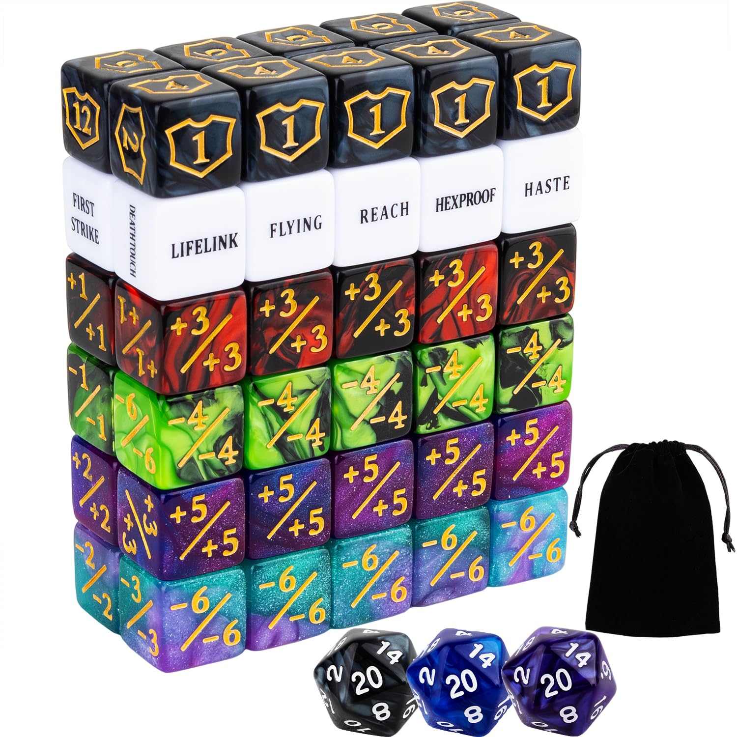 LAMJAM 63-piece MTG dice counters kit with shield dice and velvet pouch for organized play