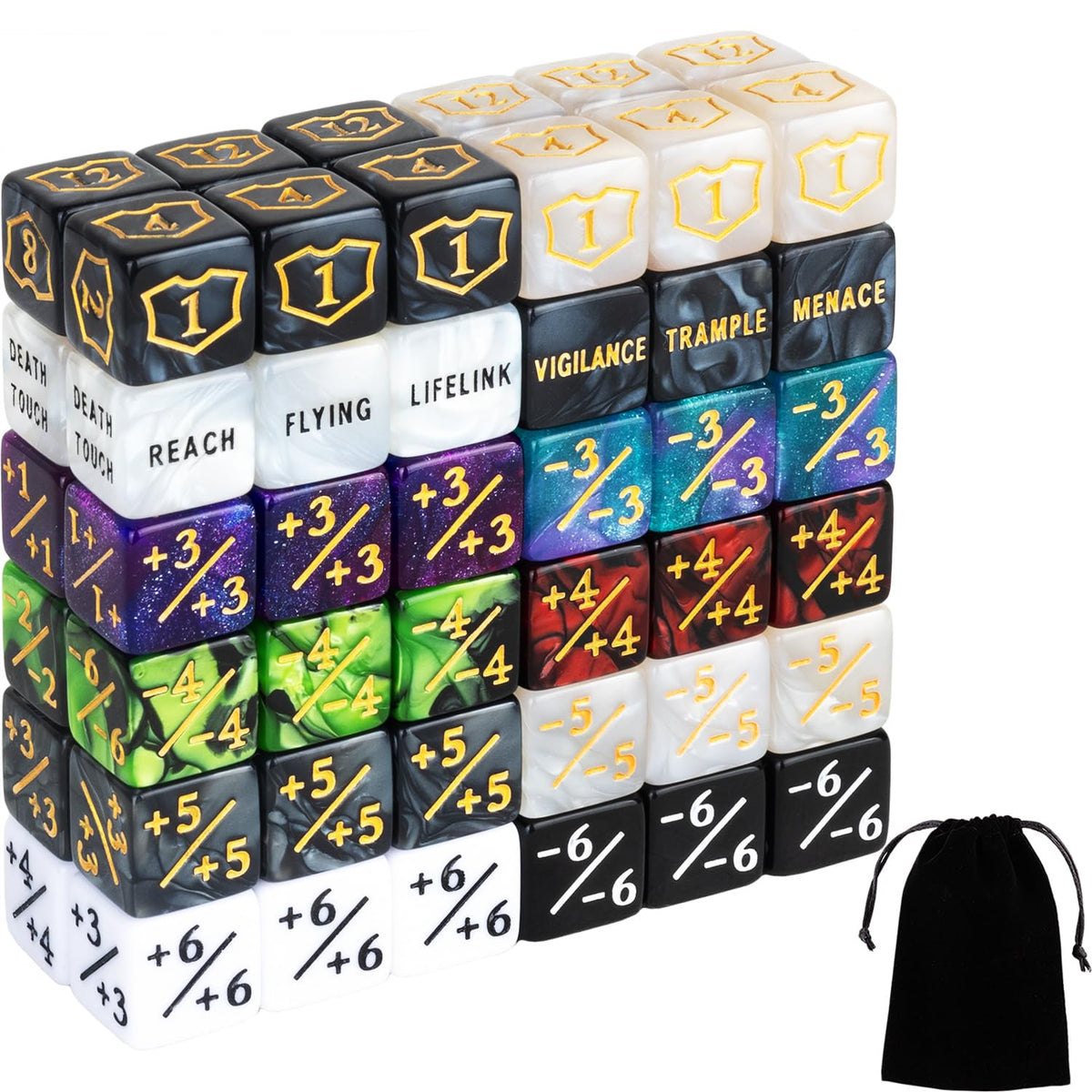 LAMJAM 72‑pc dice counters set for MTG, cleanly organized and easy to read.