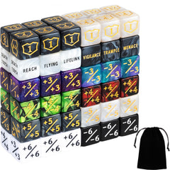LAMJAM 72‑pc dice counters set for MTG, cleanly organized and easy to read.