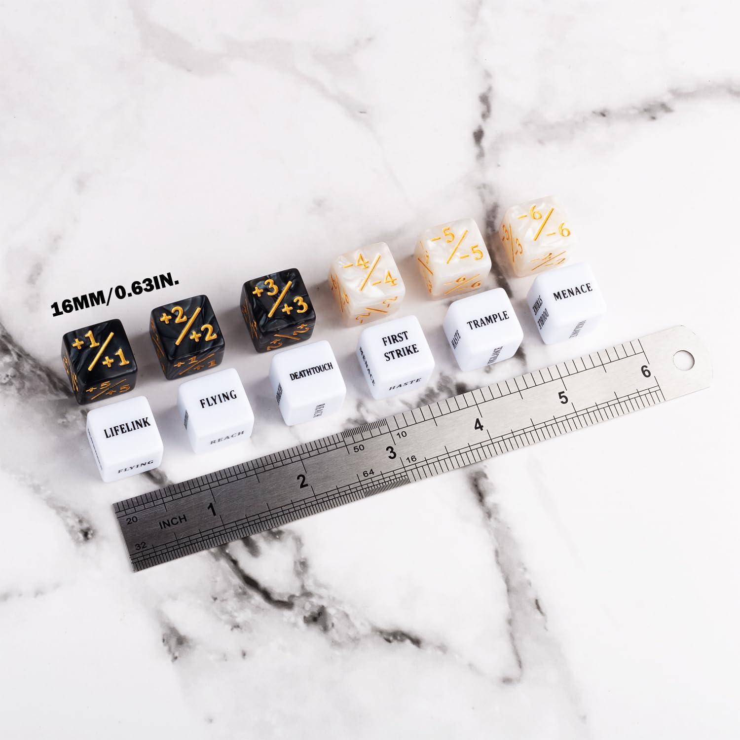 LAMJAM dice counters showing -1 to -6 and +1 to +6 with velvet pouch
