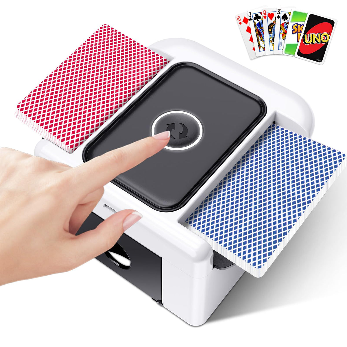 LAMZZP automatic shuffler in front view for quick, hands-free two-deck shuffles
