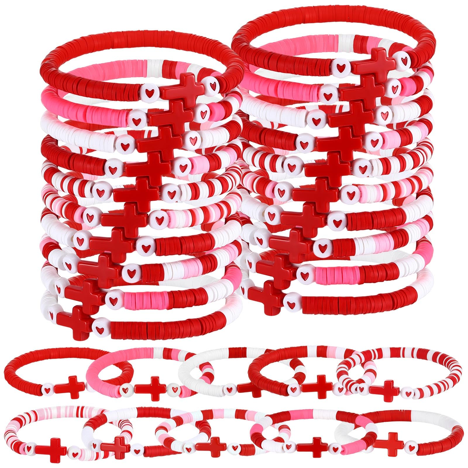 Landical cross bracelets pack, 30 elastic red beads, durable for daily wear