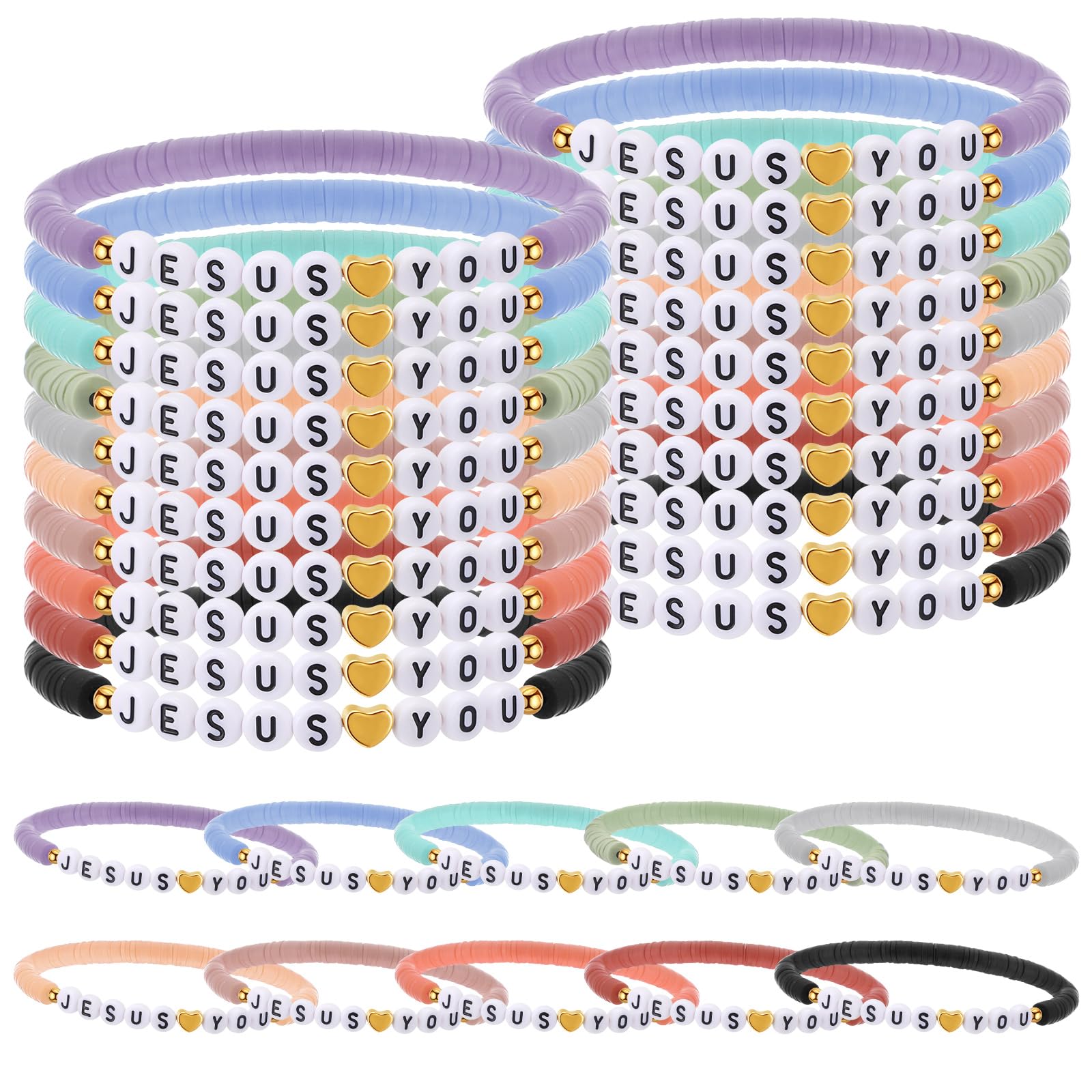 Landical Jesus Loves You bracelet pack with elastic beads in light Morandi tones.